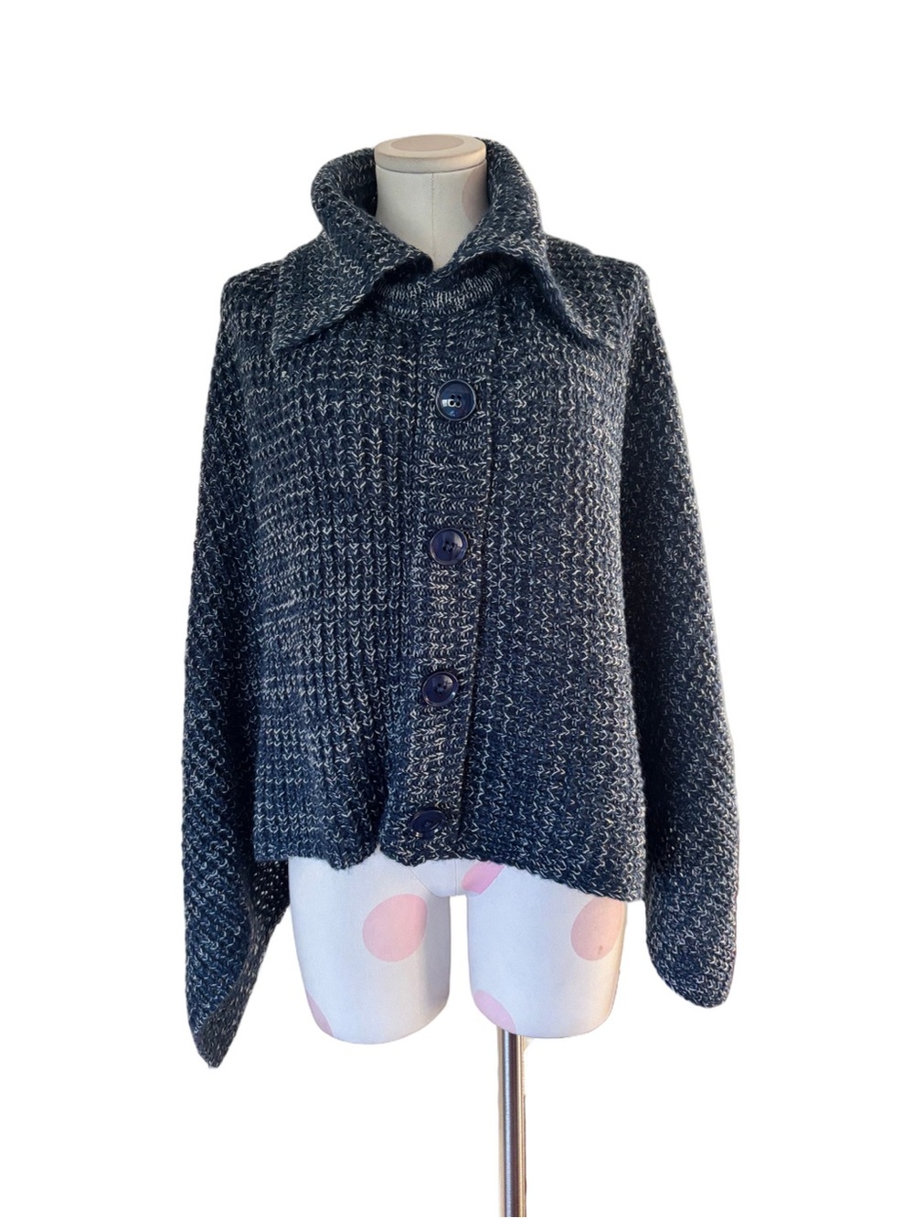 Chico’s Marled Knit Poncho Cape Navy Gray S/M Faux Button Collar